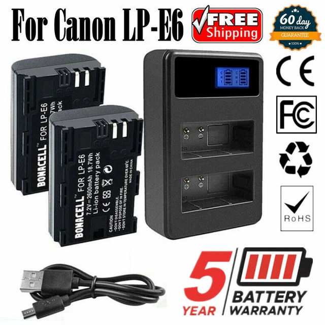 LP-E6 Battery & LCD Charger for Canon EOS 80D, 6D, 7D, 70D, 60D, 5D Mark II III