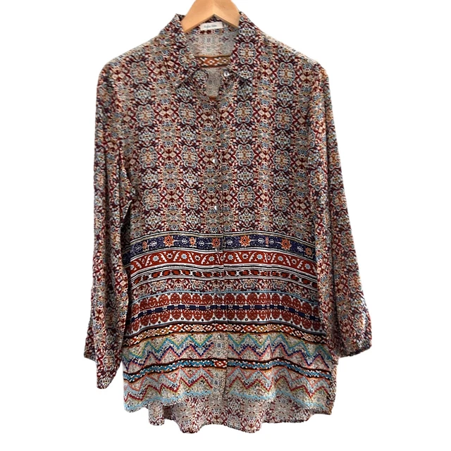 Kyla Seo Small Boho Aztec Rayon Tunic Top Blouse Shirt Anthropologie Size M