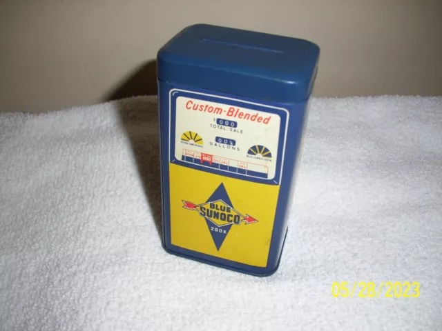 Vintage 1950's Blue Sunoco 200x Gas Pump Tin Bank- 2 x 4 x 1.5- Excellent
