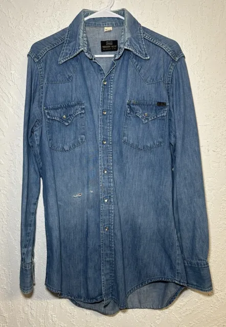 VTG 70s Sears Western Pearl Snap Shirt Chambray Denim | Medium Tall 15 - 15 1/2