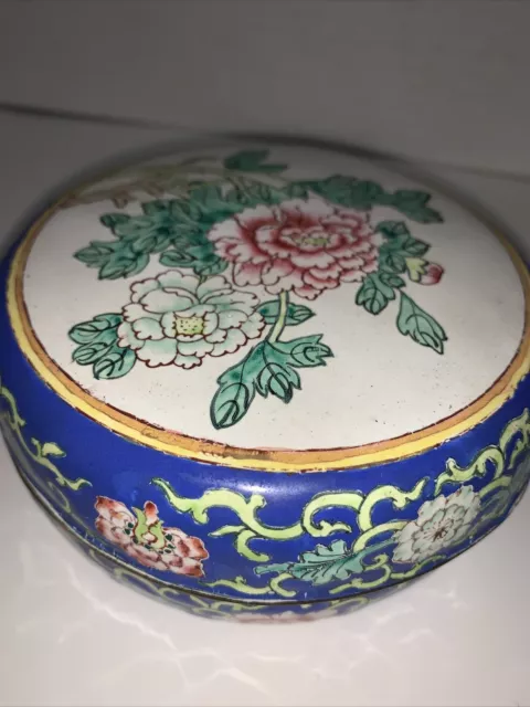 Trinket Box Cloisonné On Brass Round Floral Design China 5” Diameter
