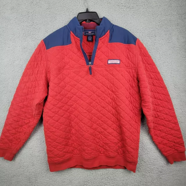 Vineyard Vines Sweater Mens Medium Gray Red Fleece Quarter Zip Pullover Whale