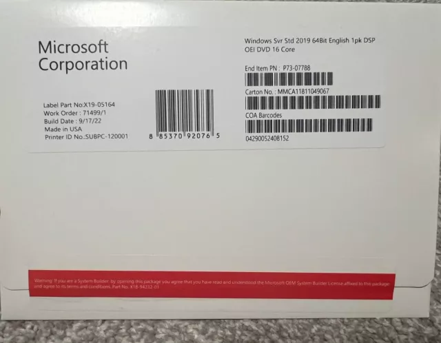 * New & Sealed * Windows Server 2019 Standard - DVD & COA Pack