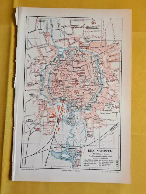 1895 ORIGINAL VINTAGE MAP Braunschweig Germany Meyers Konversations-Lexikon C101