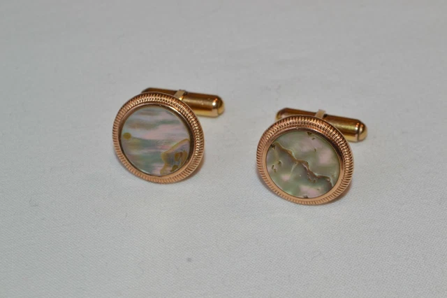 Boutons De Manchette Vintage Plaqué Or Et Nacre - Occasion Très Bon état
