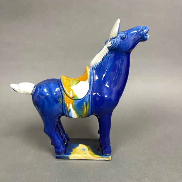 Blue Drip Ceramic Horse with Saddle 10" high x 10" x 2 5/8"