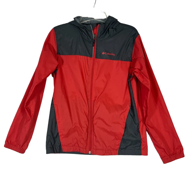 Columbia Kid’s Red Gray Full Zip Nylon Windbreaker Size Large 14/16 Hooded