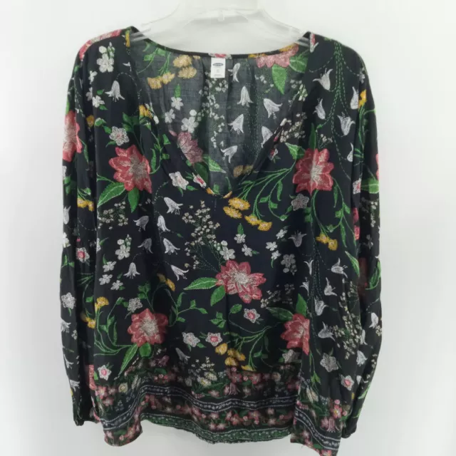 old navy shirt womens size XL v neck black floral long sleeve casual Rayon top