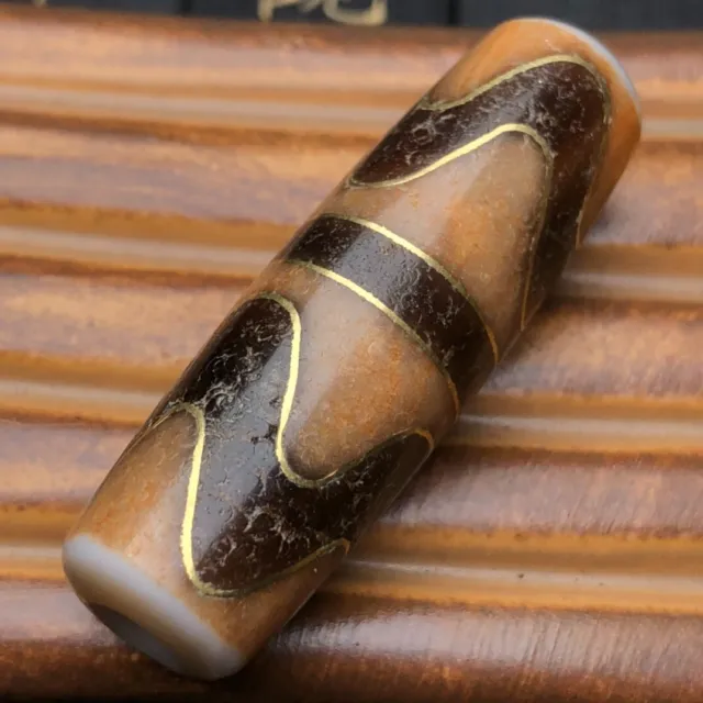 Ancient Tibetan DZI Beads Old Agate Inlaid Gold Wire Tiger Tooth Amulet Pendant