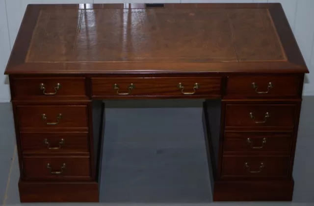 Mahogany Twin Pedestal Partner Desk Leather Top Designed To House Computer 3