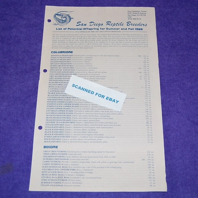 VINTAGE 1988 ORIGINAL Reptile Price List Gary Sipperly SAN DIEGO