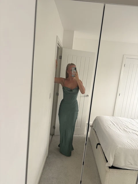 HOUSE OF CB Forest Green 'Charmaine' satin maxi dress, corset style. Size XS A-C £94.30