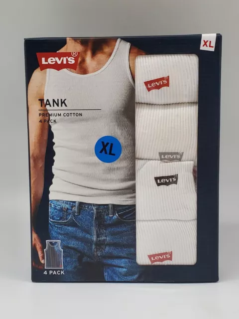 LEVIS Men's S M L XL Premium Cotton 4 Pack White with Logo Ribbed Tank A Shirt