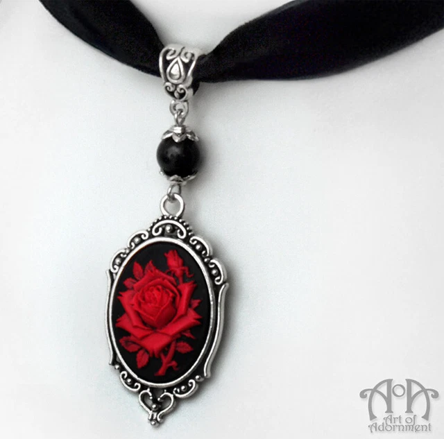 GOTHIC ROSE CAMEO VELVET CHOKER Ribbon Necklace Black Red Pendant ...