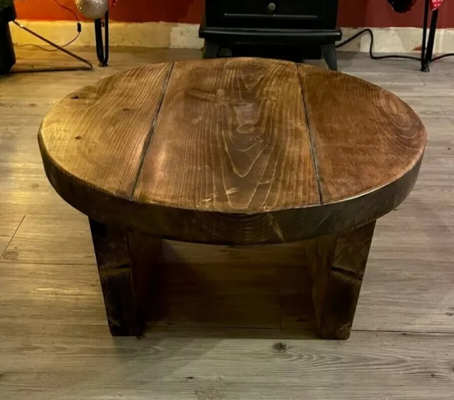 Rustic Industrial ROUND Coffee Table Solid Wood farmhouse style 2