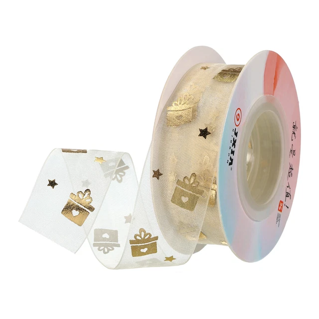 Cinta de gasa transparente de 1 pulgada 20 yardas de ancho con cable oro regalo impreso