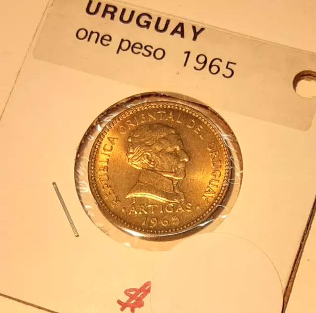 1965 Uruguay One Peso Aluminum-Bronze Coin  Jose Artigas   UNC w/Toning