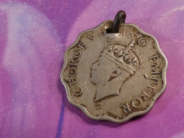 1941 Vintage Pumtek Bead Necklace Coin Amulet One Anna India Coin Worn Patina