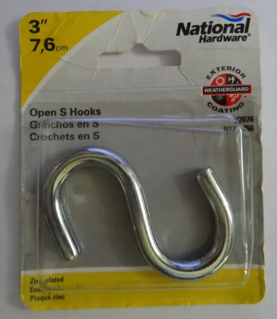 National Hardware 3" Open S Hook V2076, N121-756, Safe Load 120 lb New Old Stock