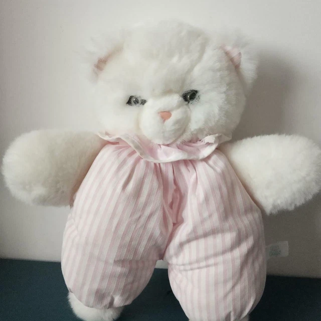 C1/ vintage  doudou peluche chat blanc et rayé rose Cédeji Made in France