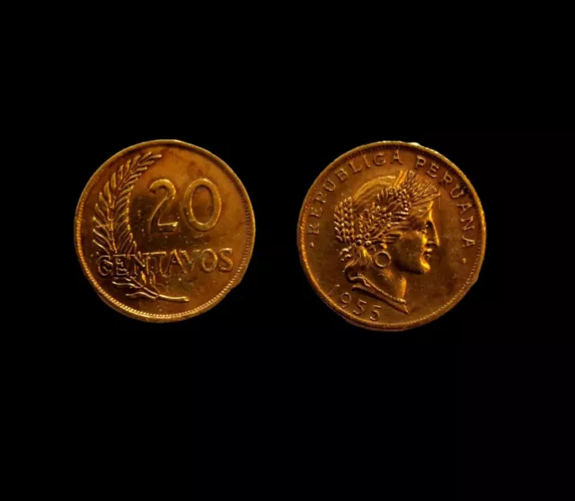 Peru 20 Centavos Dated 1955 REPUBLICA PERUANA Rare Uncommon Coin Excellent
