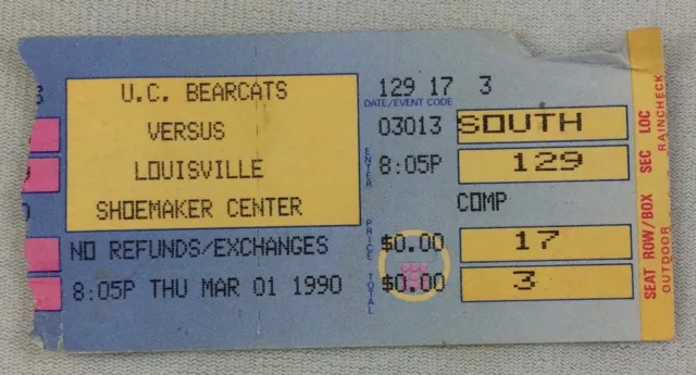 1990 03/01 Louisville at Cincinnati Bearcats College Basketball Ticket Stub
