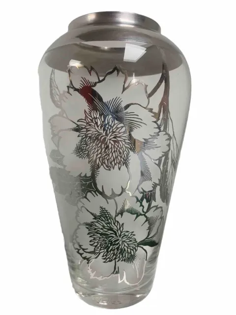 Gorgeous Art Deco Style Sterling Silver Overlay Rim & Flowers Vase 10 3/8” Tall.