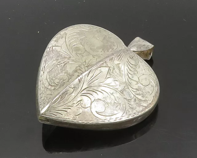 925 Sterling Silver - Vintage Floral Vine Etched Love Heart Pendant - PT16379