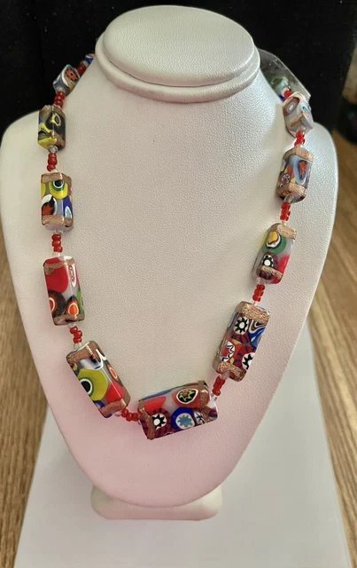 Vintage Millefiori Venetian Glass Rectangle Shaped Beads Strand Necklace 20”