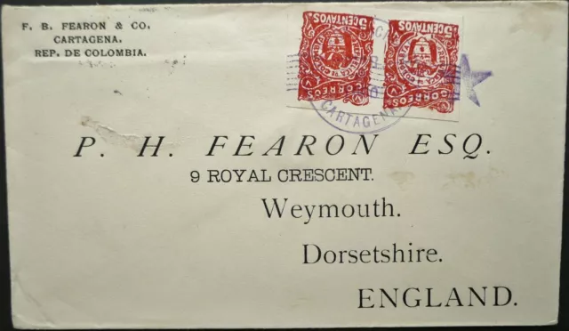 COLOMBIA MAR 1900 10c RATE COVER FROM CARTAGENA TO WEYMOUTH, ENGLAND