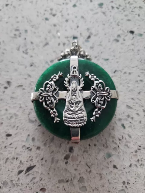 Huge Jade Pendant Vtg Carved Sterling Silver Guanyin Goddess Of Mercy Rare