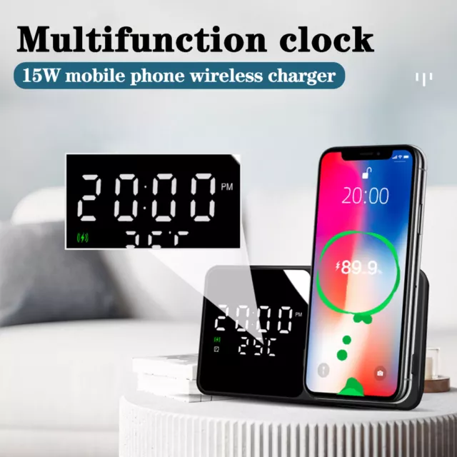 3 in 1 Digital Electric LED Desk Alarm Clock Thermometer Wireless Charger 15W