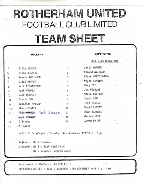 Teamsheet - Rotherham United Reserves v Sheffield Wednesday Reserves 1988/9