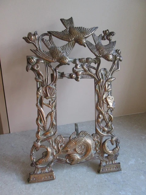 ANTIQUE LARGE Heavy Brass Photograph / Picture Frame - Birds & Fish C ...