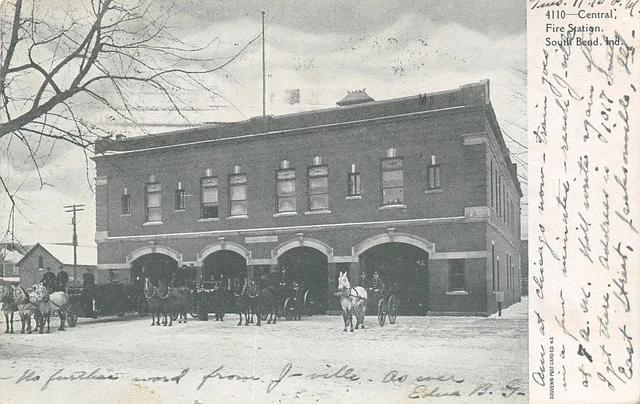 South Bend Indiana~Central Fire Station~Firemen~Horse Drawn Pumper Wagons~1910