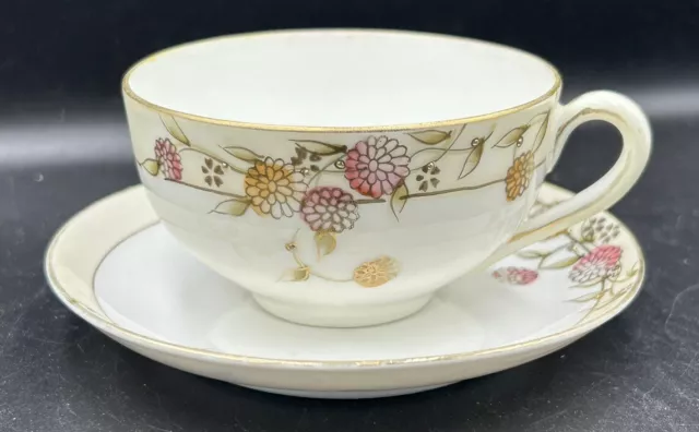 Antique Hand Painted Nippon Porcelain Floral Gold Gilded Tea Cup & Saucer