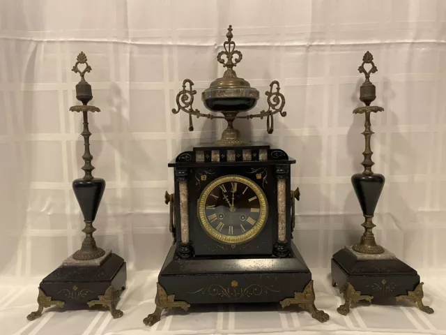 Antique French Marble Bell-Striking Mantel Clock & Garnitures Candlesticks