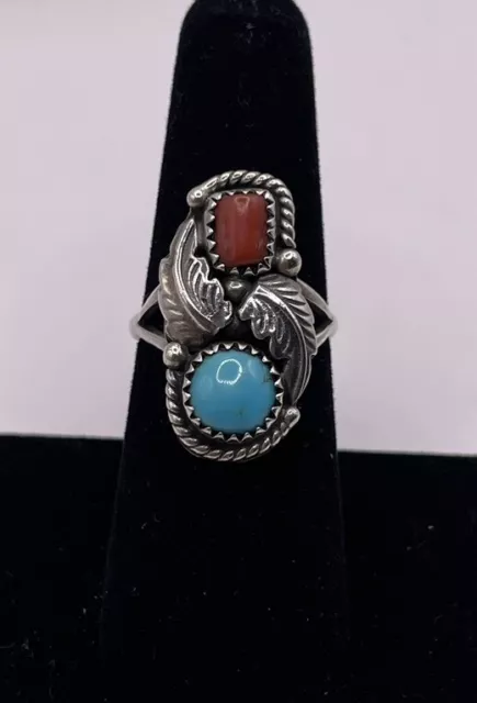 Sterling Silver Richard Begay Turquoise & Coral Navajo Ring Size 7.5 (4.9g)