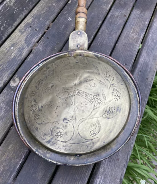 Antique Etched Copper Bed Warming Pan with Original Wooden Handle