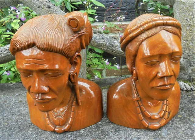 Paire De Bustes Ancien En Bois Sculpte Philippines 1930 Dn2039