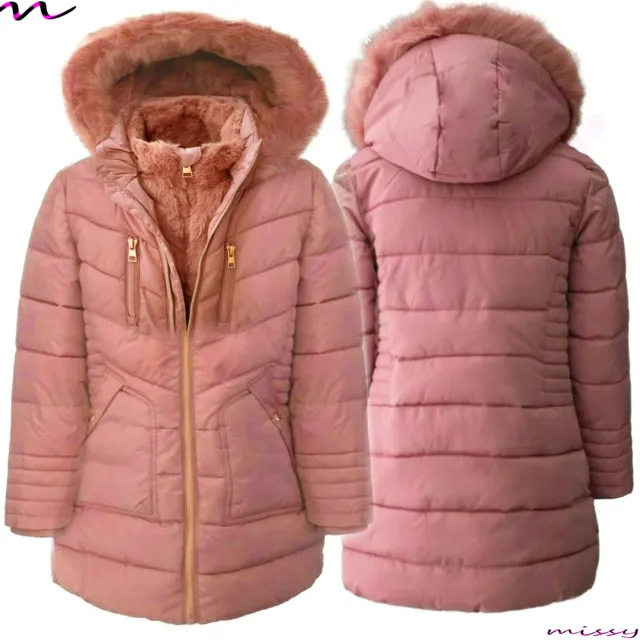 NEW Girls George Padded Coat Pink Fur Hooded Lined Warm Winter School Outerwear