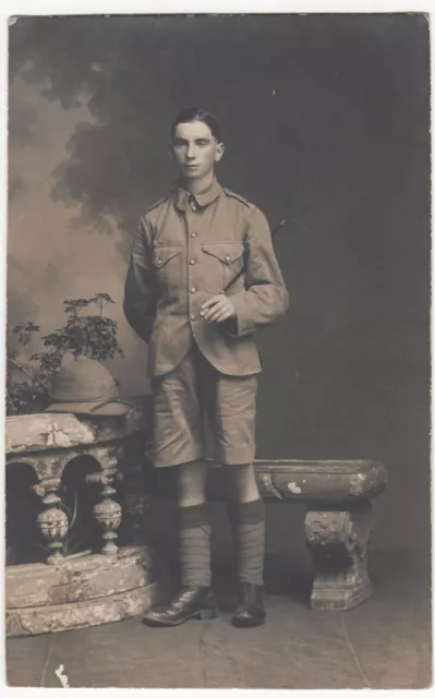 WW1 Era Studio Portrait Of Soldier In Tropical Gear With Pith Helmet RP PPC