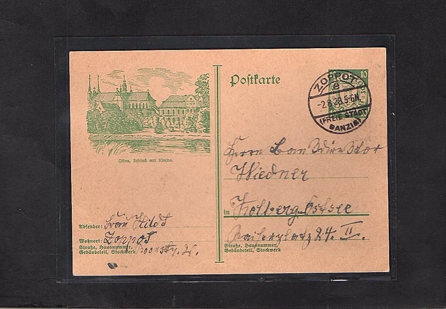 Danzig, Ganzsache Mi.-Nr. P 45  Shloß mit Kirche gelaufen.