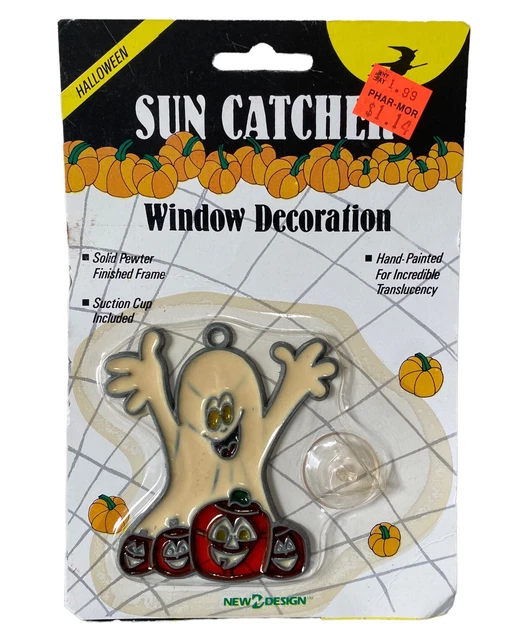 Halloween Vintage Suncatcher Ghost con calabazas Hecho en Taiwán por New Design Inc.