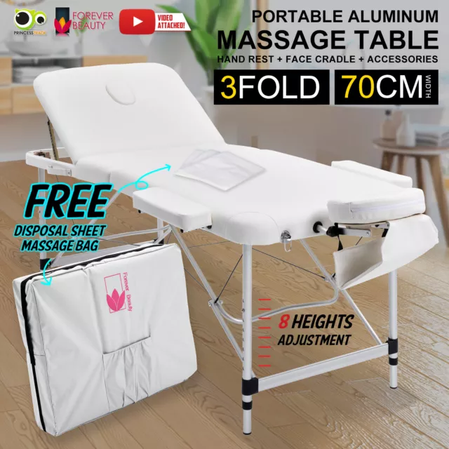 Aluminium Portable Massage Table 3 Fold Beauty Therapy Bed Waxing 70cm WHITE