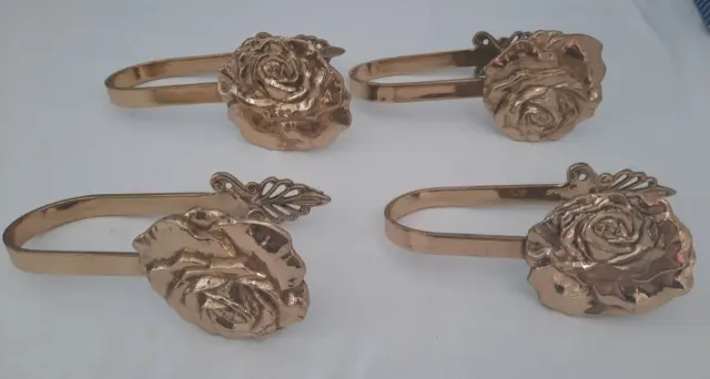 Set of 4 ~ Rose Brass Metal Flower Drapery Curtain Tie Backs Holdbacks 7"