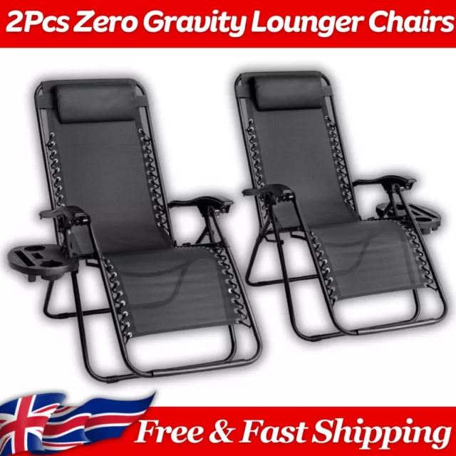 2 X Reclining Sun Lounger Outdoor Garden Folding Zero Gravity Chair Adjustable