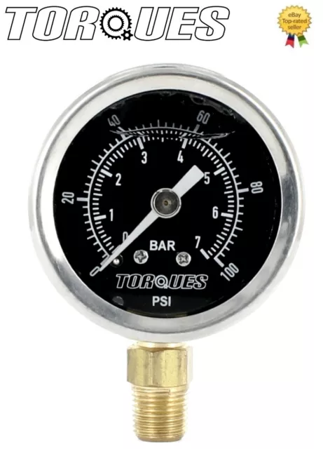 Torques Analog Fuel Pressure Gauge Black Face 0-7 BAR / 0-100 PSI Fluid Filled