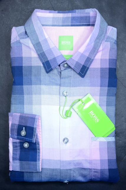 Chemise Hugo Boss Homme Taille L - Carreaux Violet, Coupe Slim, Manches Longues Coton, Occasion Parfait état