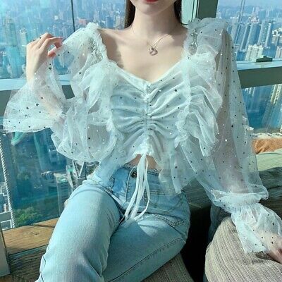 Lady Lace Ruffle Shirt Mesh Crop Tops Blouse Pullover Frill T-shirt Sheer Casual